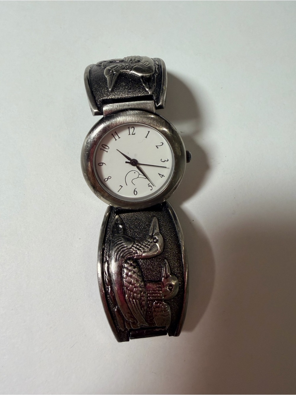 Vintage Silver Tone Bird Cuff Bracelet Watch Statement Jewelry